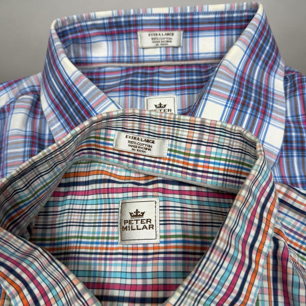 Peter Millar Mens Extra Large XL Button Down Up Shirt Lot 2 Plaid Multi Cotton